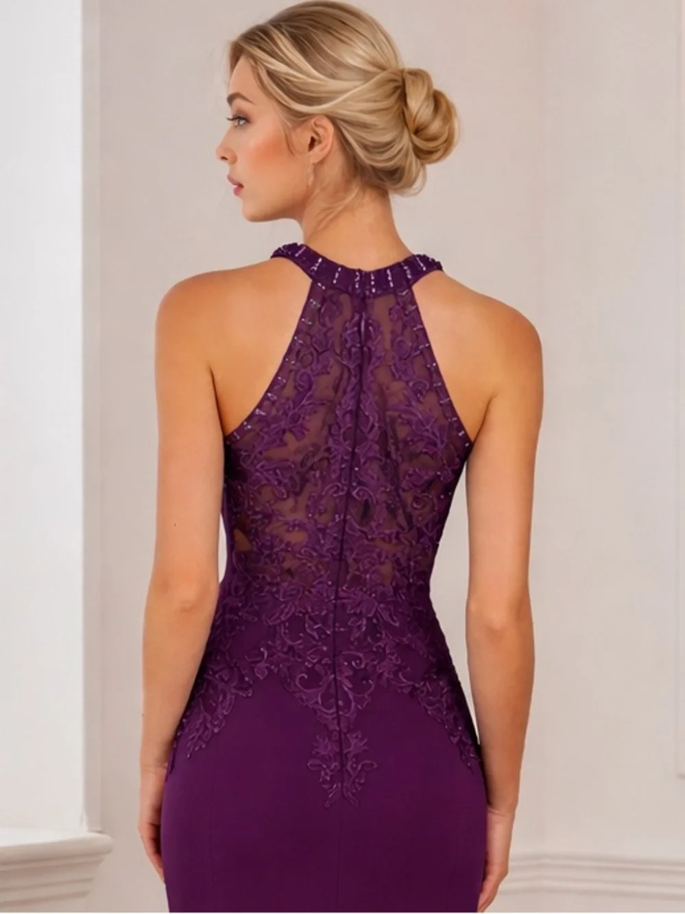 Plum Purple Lace Appliqué Beaded Halter Gown |  Formal Dress | Wedding Guest - Picture 3 of 13